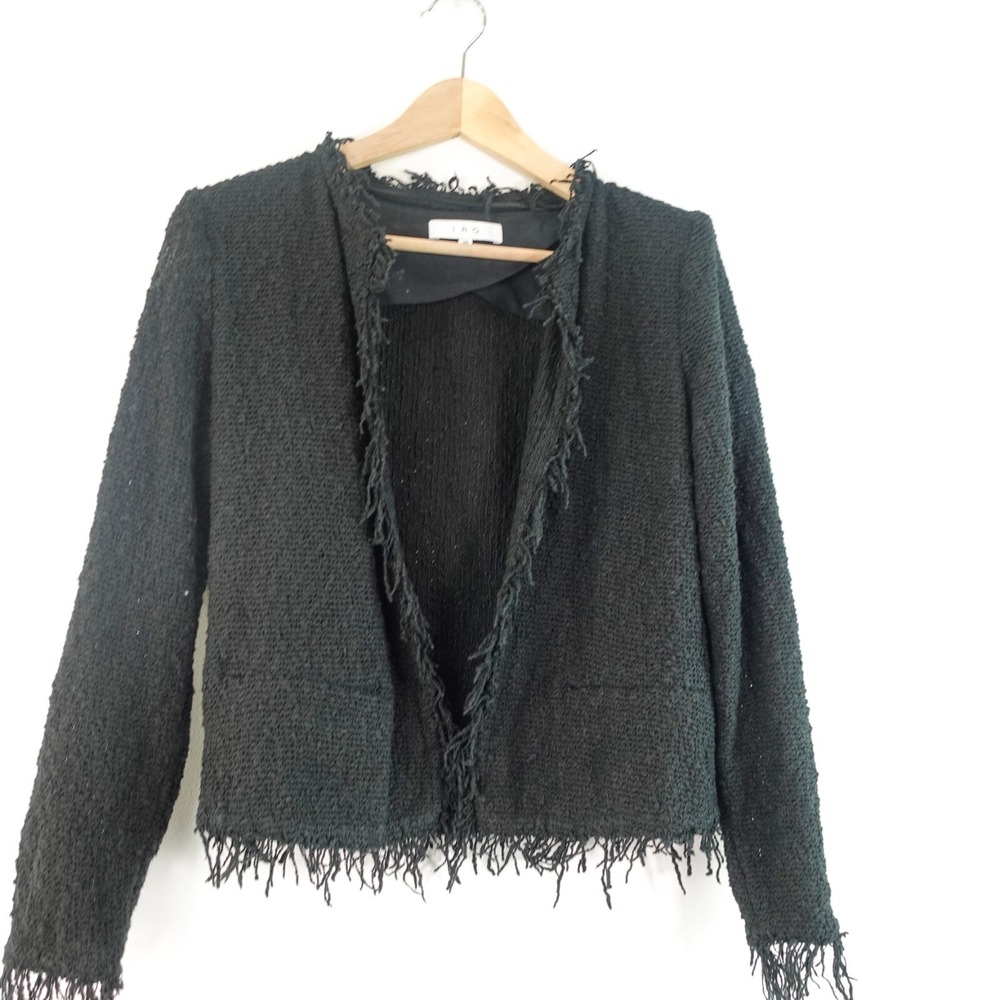 IRO Crop Cardigan Womens 32 XS Black Fringe Textured Boucle Knit Open Front $395